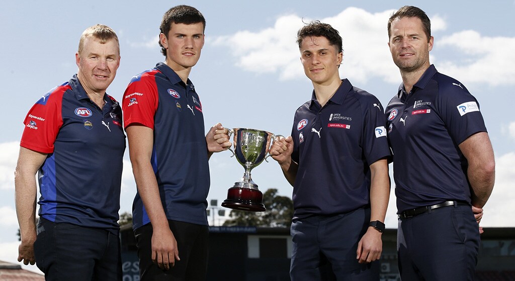 NABLeagueGrandFinalTeams2019.jpg L-R: Eastern Ranges coach Darren Bewick and captain James Ross, and Oakleigh Chargers co-captain Trent Bianco and coach Leigh Clarke - AFL,Draft